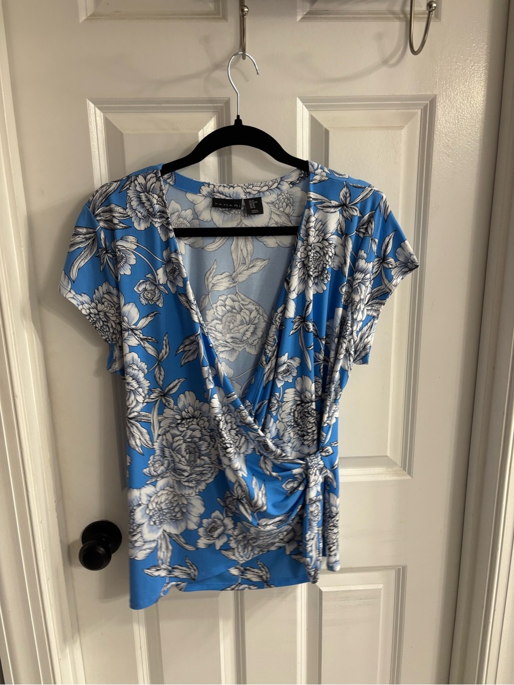 Tahari Blue Floral Wrap-Front Short Sleeve Blouse